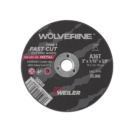 Weiler 804-56068 3 X .625 X .375 In. Wolverine Type 1 Cutting Wheel; A36T